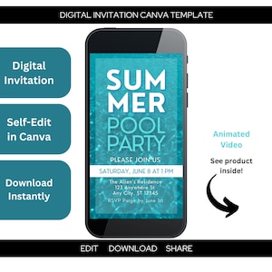Summer Pool Party Video Invitation, Blue, Animated + Digital Editable Canva Template