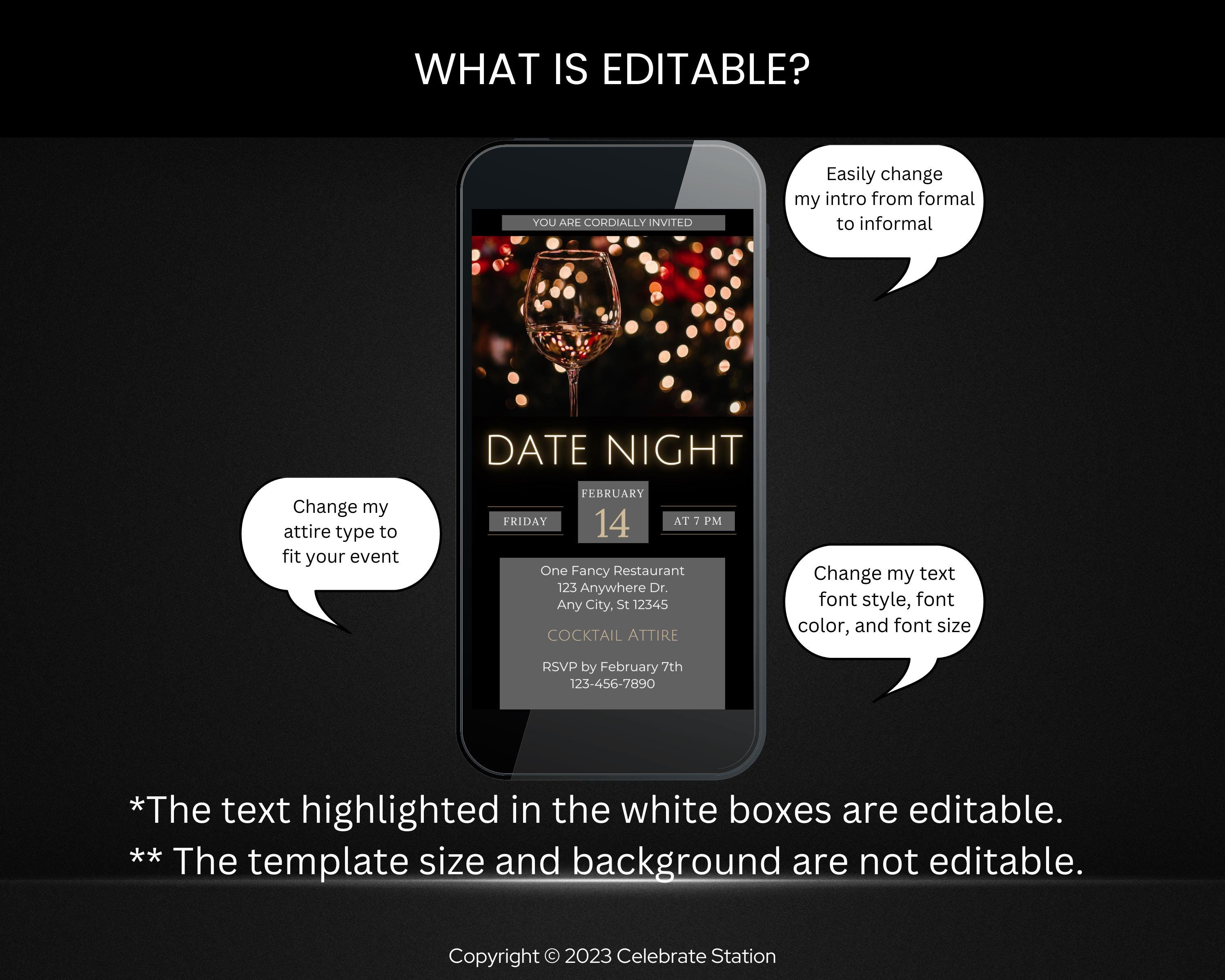 Animated Date Night Invitation: Black and Gold, Editable Canva Template ...