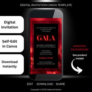 Elegante invito di gala: rosso e nero, modello animato Canva (download digitale)