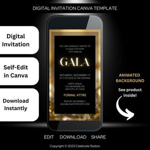 Modello elegante per invito a gala: oro e nero, design animato Canva (download digitale) immagine 1