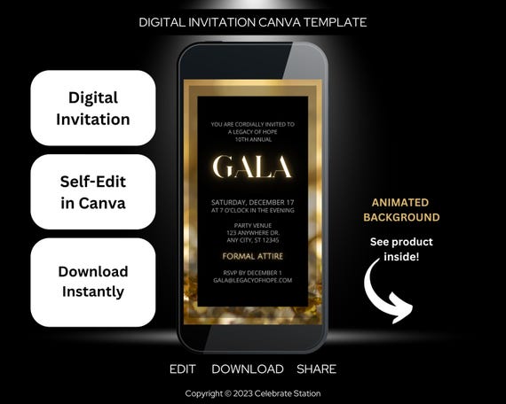 Elegant Gala Invitation Template: Gold & Black, Animated Canva Design (Digital Download