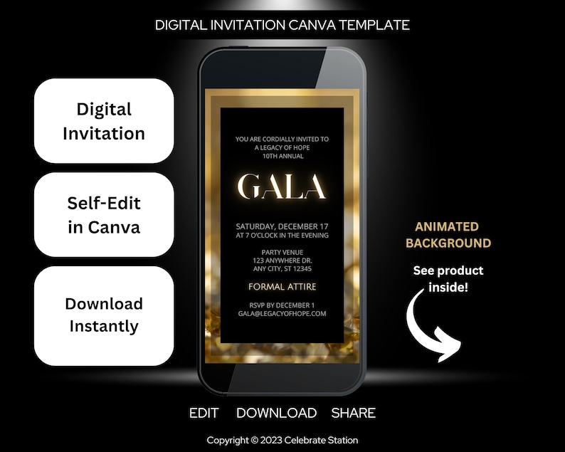 Modello elegante per invito a gala: oro e nero, design animato Canva (download digitale) immagine 1