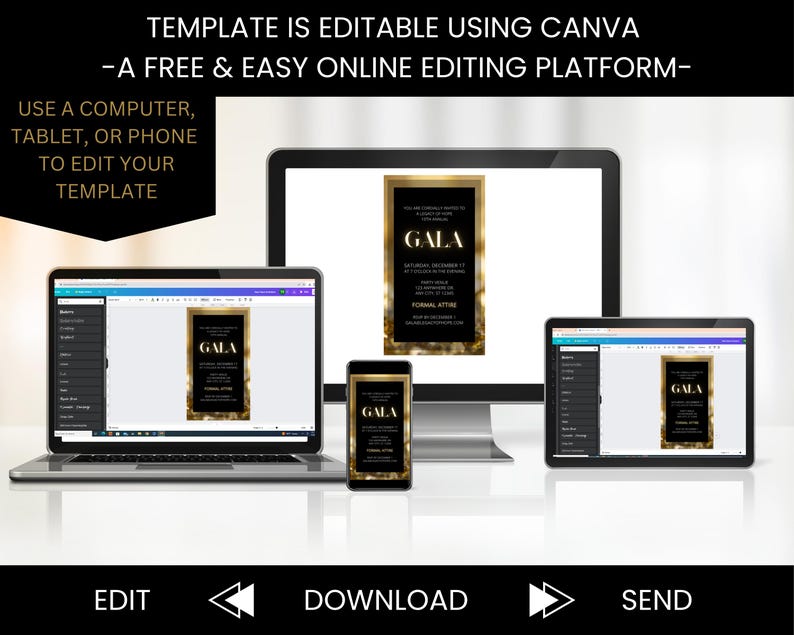 Modello elegante per invito a gala: oro e nero, design animato Canva (download digitale) immagine 3