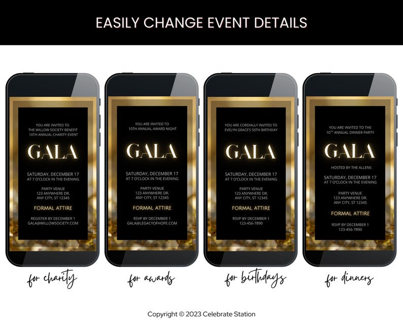 Modello elegante per invito a gala: oro e nero, design animato Canva (download digitale) immagine 2