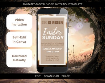 Easter Service He is Risen Video Invitation, He Came...He Died...He Rose,  Digital and Animated with Music Editable Canva Template