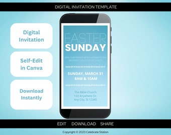 Easter Service Invitation, Blue Ombre, Digital Editable Canva Template