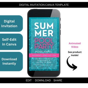 Summer Pool Party Video Invitation, Pink, Animated + Digital Editable Canva Template