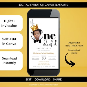 Invito fotografico per il primo compleanno di Mr. ONEderful: modello Canva nero e oro (digitale)