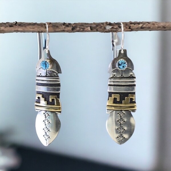 Feather Earrings- Native American Navajo Sterling Silver Turquoise Feather Dangling Earring's By T&R Singer