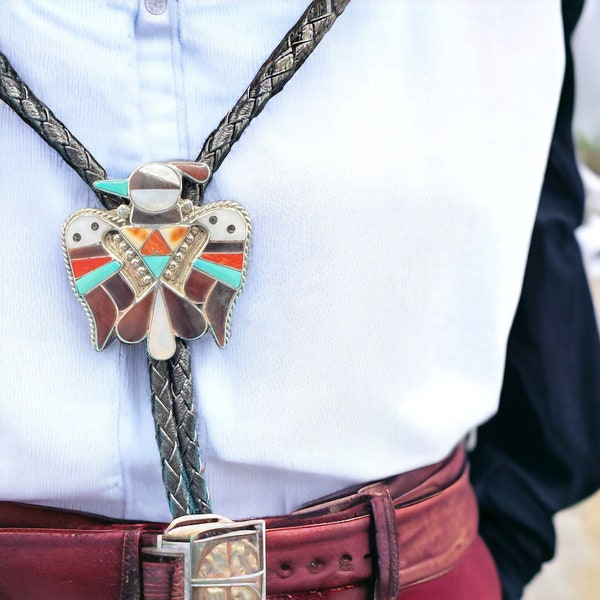 Thunderbird Bolo Tie-Signed: Bobby & Corraine Shack Zuni Sterling Silver Inlaid. sterling silver 925