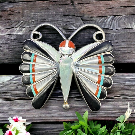 Zuni Vintage Silver Multi Inlay Butterfly pin/pen… - image 1