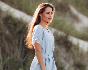 Linen Natural Long Dress /  Linen Dress with Wide Delicate Lace