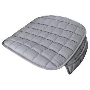 May include: A grey quilted seat cushion with a rounded shape and a thick, padded design.