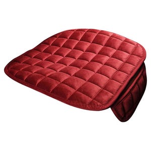 May include: A red quilted seat cushion with a square pattern. The cushion has a thick, plush feel and is designed to add comfort and style to any chair.