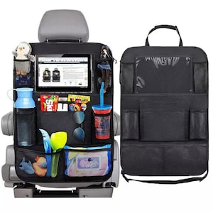 May include: Black car seat back organizer with multiple pockets and mesh compartments. It features a large tablet holder, two cup holders, and a clear plastic window.