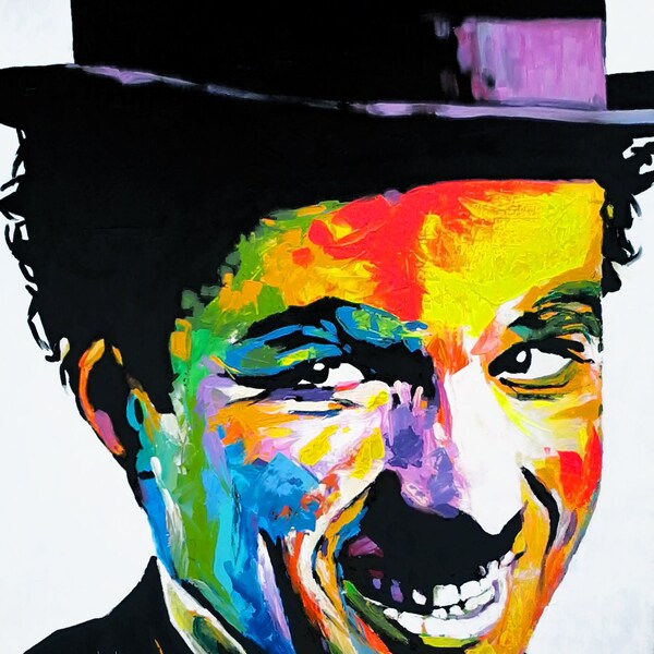 Charlie Chaplin / Acrylique sur toile avec pigments fluo représentant certaines célébrités du showbiz ou de la culture populaire.