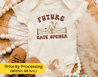 Future Gate Opener Baby Onesie®, Future Cattle Farmer Baby Bodysuit, Ranch Kid Infant Baby Onesie®, Retro New Ranch Hand Gift Baby Bodysuit