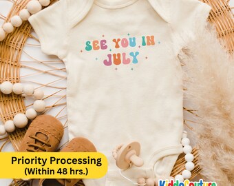 See You In July Onesie®, Retro See You In July Baby Bodysuit, Baby Announcement Onesie®, Baby Coming Soon Bodysuit, Baby Shower Gift Onesie®