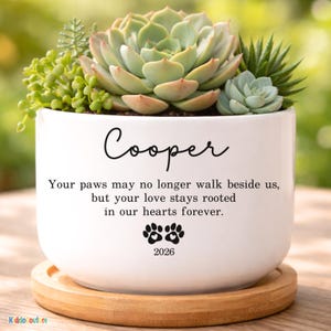 May include: White ceramic planter with a succulent arrangement. The planter has the name "Cooper" and a memorial message with paw prints and the year 2026. The planter sits on a wooden saucer.