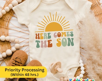 Here Comes The Son Baby Onesie®, New Born Baby Boy Bodysuit, Retro Baby Boy Announcement Bodysuit, Son Baby Onesie®, Summer Baby Bodysuit