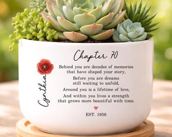 70th Birthday Gift For Women, Personalized Birth Flower Plant Pot,  Custom Name Chapter 70 Planter (KC-AYUDK29a)