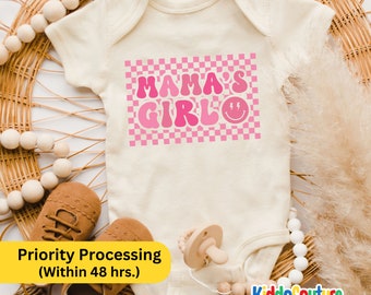 Mamas Girl Checkered Happy Face Onesie®, Retro Mama's Girl Checkered Baby Bodysuit, Gift For Mama's Girl Onesie®, Newborn Girl Baby Bodysuit