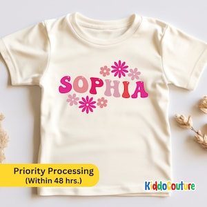 Personalized Girls Pink Name Shirt, Floral Girls Name Shirt, Pink Retro Kids Name Shirt, Daisies Name Kids Shirt, KC-31A2