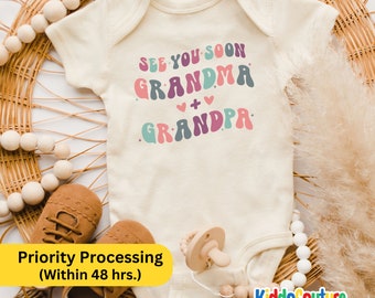 See You Soon Announcement Onesie®, Promoted To Grandparents Bodysuit, Retro See You Soon Grandma & Grandpa Bodysuit, New Grandchild Onesie®