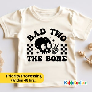 Bad Two The Bone Shirt, Halloween Bone Kids Shirt, Skeleton Rock On Hand Shirt, Retro Halloween Gift Shirt, 2nd Rock And Roll Birthday Shirt
