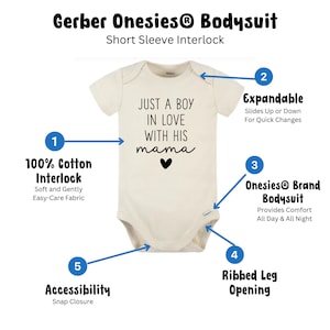 May include: A beige short-sleeved Gerber Onesies&reg; bodysuit with the text "Just a boy in love with his mama" and a black heart. The bodysuit has an expandable neckline, ribbed leg openings, and a snap closure.