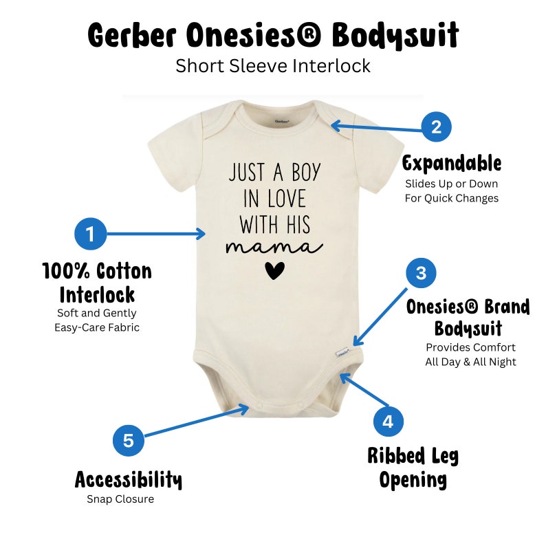 May include: A beige short-sleeved Gerber Onesies&reg; bodysuit with the text "Just a boy in love with his mama" and a black heart. The bodysuit has an expandable neckline, ribbed leg openings, and a snap closure.