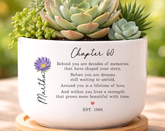 60th Birthday Gift For Women, Personalized Birth Flower Plant Pot,  Custom Name Chapter 60 Planter (KC-AYUDK29B)