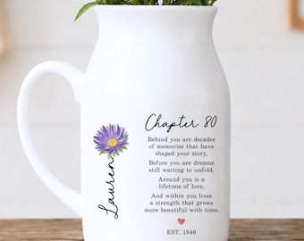 80th Birthday Gift For Women, Custom Birth Flower Vase, Personalized 80th Birthday Vase, Chapter 80 Gift (KC-AYDFN23)