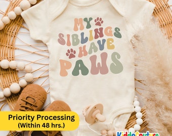 My Siblings Have Paws Onesie®, Retro Sibling Bodysuit, Animal Lover Baby Onesie®, Infant Baby Onesie®, Retro Baby Bodysuit, New Baby Onesie®