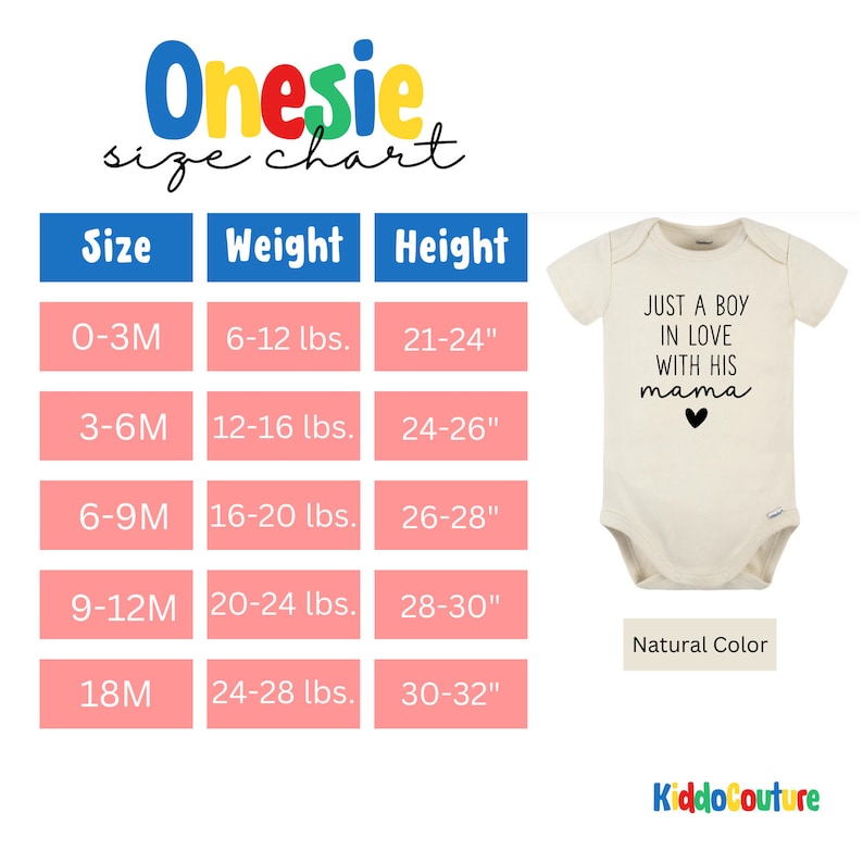 May include: A size chart for onesies with a beige onesie featuring the text "Just a boy in love with his mama" with a black heart. The chart shows sizes from 0-3 months to 18 months with corresponding weight and height measurements in pounds and inches.