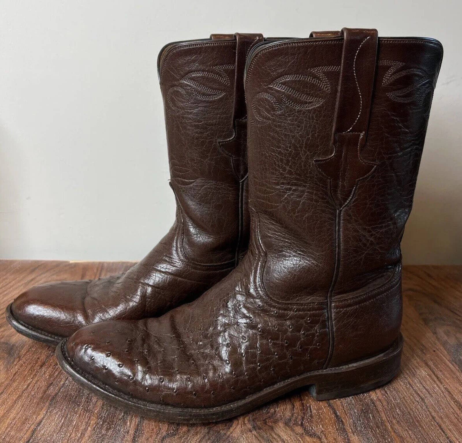 Lucchese Western Cowboy Roper Boots Ostrich Brown 9.5B Handmade ...