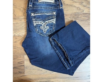 Rock Revival Jeans Boris Boot Cut Blue Distressed Embellished Pocket Size 30