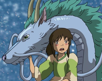 Escena redibujada de Chihiro y Haku: impresión de arte de Studio Ghibli