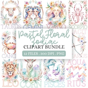 Pastell Blumen Sternzeichen Clipart, Astrologie Clip Art, Sternzeichen Grafiken, Sternzeichen Junk Journal, Sternzeichen PNG, kommerzielle Nutzung