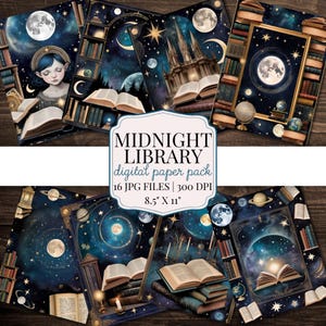 Mitternachtsbibliothek Digital Paper Pack | Junk Journal Seiten | Himmlische Fantasie Dekorpapier | Bücher & Mond druckbare Poster Wallpaper