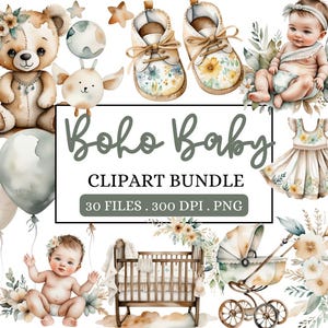 Boho Baby Clipart-Bundle | Niedliche Baby Illustrationen PNG | Entzückende Kinderzimmer & Babyparty Grafiken | Digitale Kunst für Scrapbooking