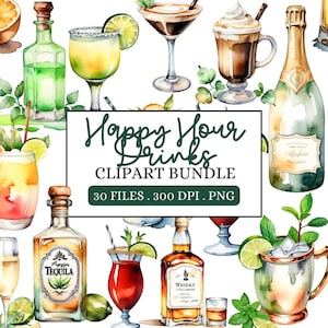 Happy Hour drankjes clipartbundel, cocktail clip art, alcohol drinken graphics, bier en wijn junk Journal, bar sublimatie, commercieel gebruik