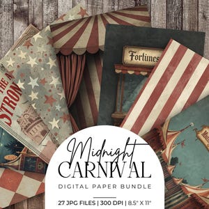 Peut inclure: Un ensemble de papiers numériques de style vintage sur le thème du carnaval. Les motifs présentent des chapiteaux de cirque, des étoiles et les textes "The A Strong" et "Fortunes". Le lot comprend 27 fichiers JPG, chacun de 21,59 cm x 27,94 cm.