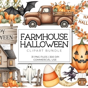Puede incluir: Ilustración en acuarela con temática de Halloween. Presenta una camioneta marrón que transporta calabazas, una casa embrujada, una calabaza linterna, un murciélago y el texto "Happy Halloween" y "Farmhouse Halloween Clipart Bundle".