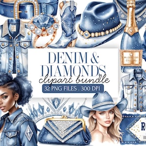 Ensemble de cliparts denim et losanges | PNG western glam | Bottes de cow-girl, chapeaux, strass, graphismes country girl scintillants | Éphémères de scrapbooking