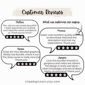 May include: Image of customer reviews in speech bubbles. The reviews praise the clip art's beauty, quality, and detail. The Etsy shop's URL is at the bottom. The reviews are from Chelsea, Monica, Azura, and Juniper.