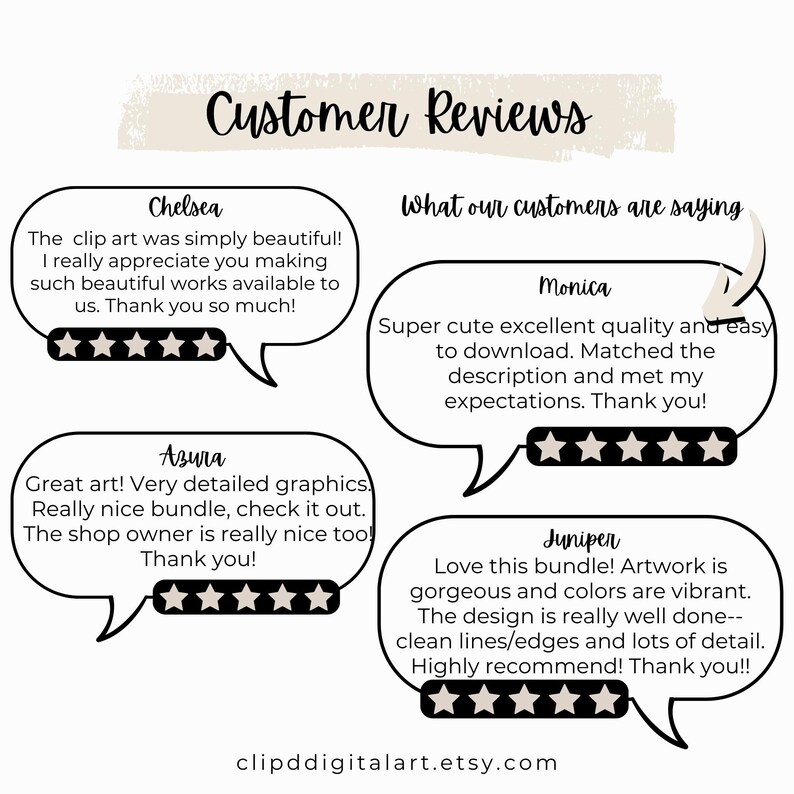 May include: Image of customer reviews in speech bubbles. The reviews praise the clip art's beauty, quality, and detail. The Etsy shop's URL is at the bottom. The reviews are from Chelsea, Monica, Azura, and Juniper.