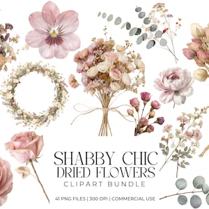 Peut inclure: Diverses compositions de fleurs séchées, comprenant des bouquets, une couronne et des fleurs individuelles. La palette de couleurs est douce, avec des roses, des crèmes et des verts sourds. Le texte indique "Shabby Chic Dried Flowers Clipart Bundle".