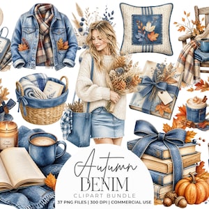 Puede incluir: Una colección de imágenes prediseñadas digitales con temática otoñal que incluye chaquetas de mezclilla, bufandas a cuadros, calabazas, libros, tazas de café, velas, una cámara, auriculares y el texto Autumn Denim Clipart Bundle.