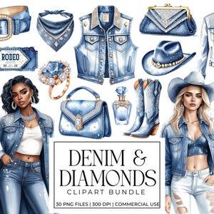 Paquete de imágenes prediseñadas de mezclilla y diamantes / PNG de glamour occidental / Botas de vaquera, sombreros, diamantes de imitación, gráficos brillantes de chica campestre / Efímeras de álbumes de recortes